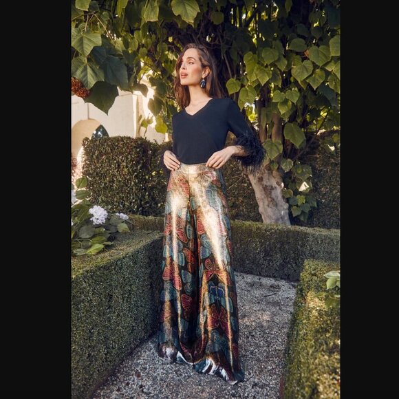 Trina Turk Siya Metallic Silk Butterfly Patterned Wide Leg Pants 0 - Picture 6 of 11